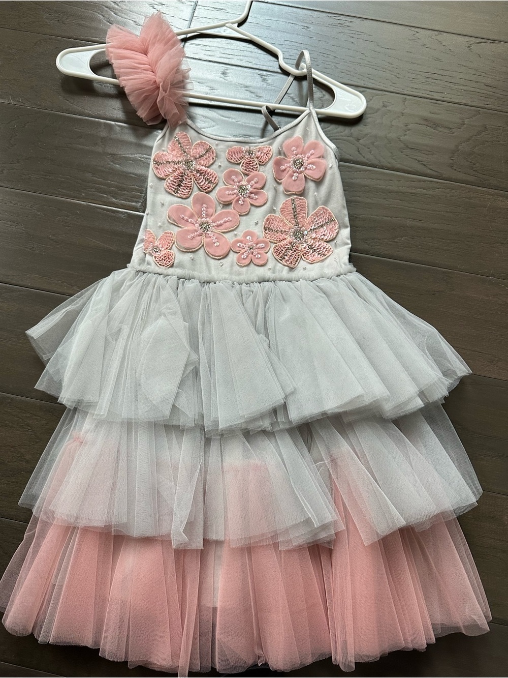 Tutu Du Monde Pink and White Layered Tulle Flower Dress with Hairpiece